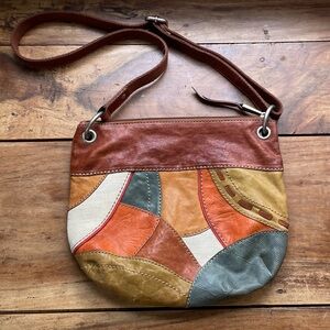 Y2K Fossil Brand Earth Toned Leather Patchwork Shoulder Bag Purse